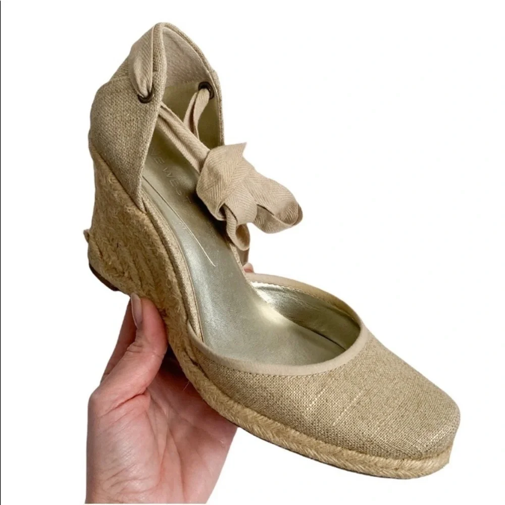 Nine West Golano Ankle Wrap Espadrille Wedge Sandals Metallic Gold